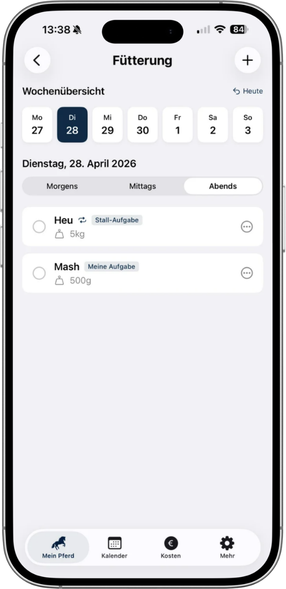 Smartphone-Ansicht des Fütterungsplans in der SPITZENREITER-App