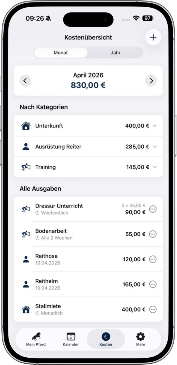 Smartphone-Ansicht der Kostendokumentation in der SPITZENREITER-App