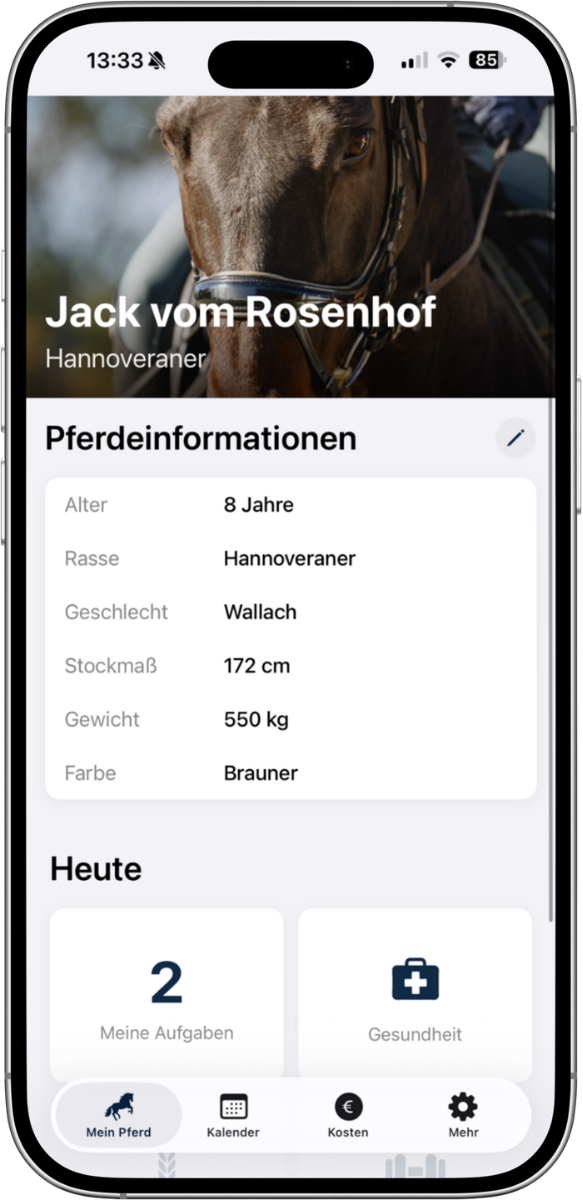 Smartphone-Ansicht des Pferdeprofils in der SPITZENREITER-App
