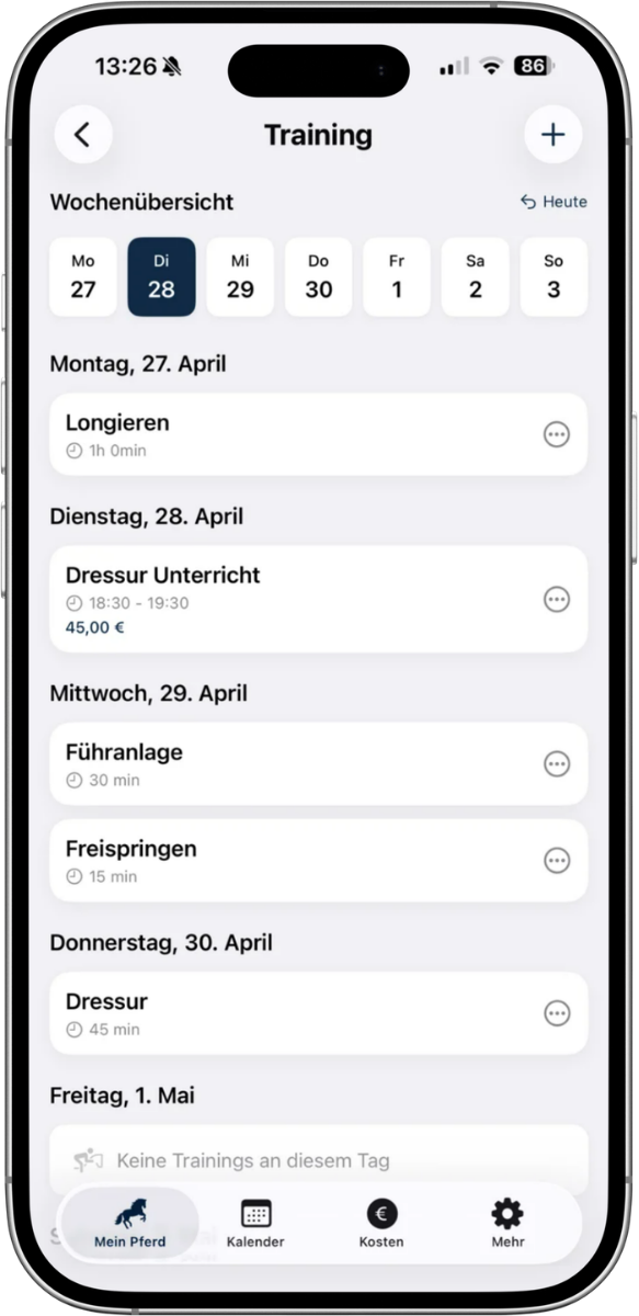 Smartphone-Ansicht des Trainingstagebuch in der SPITZENREITER-App